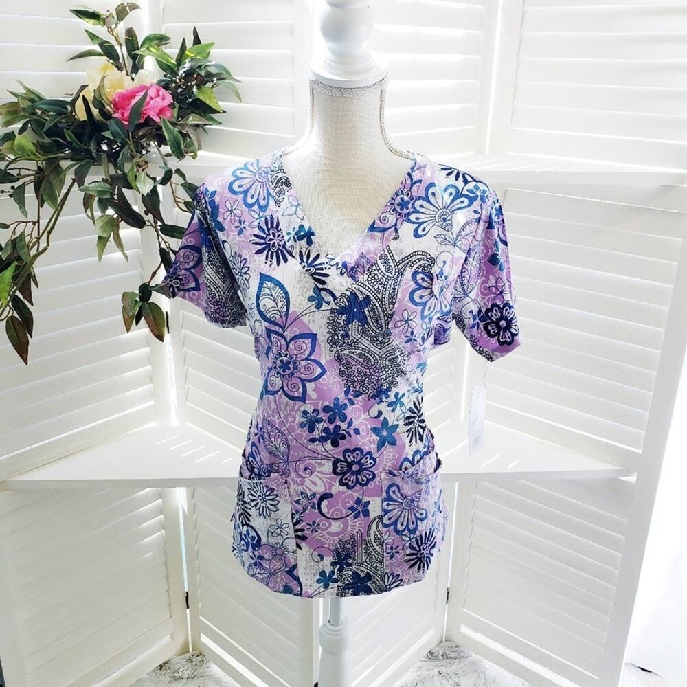 BUTTERSOFT MEDICAL FLORAL BLUE & PINK SCRUB TOP
